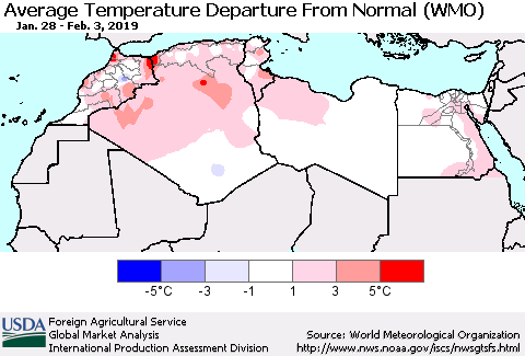North Africa Average Temperature Departure from Normal (WMO) Thematic Map For 1/28/2019 - 2/3/2019
