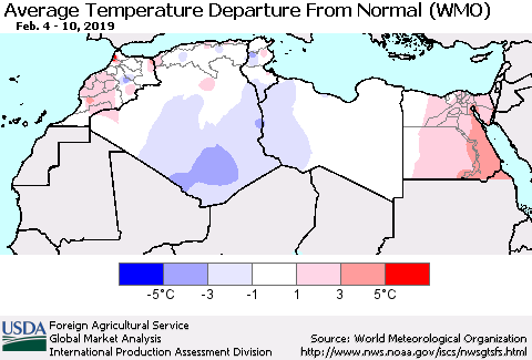 North Africa Average Temperature Departure from Normal (WMO) Thematic Map For 2/4/2019 - 2/10/2019