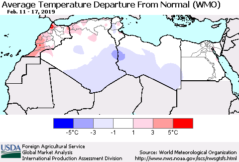 North Africa Average Temperature Departure from Normal (WMO) Thematic Map For 2/11/2019 - 2/17/2019
