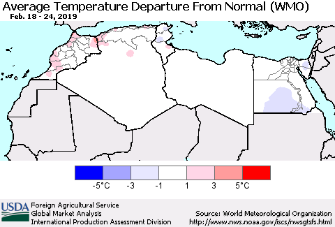 North Africa Average Temperature Departure from Normal (WMO) Thematic Map For 2/18/2019 - 2/24/2019