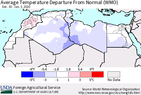 North Africa Average Temperature Departure from Normal (WMO) Thematic Map For 12/30/2019 - 1/5/2020