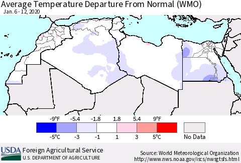 North Africa Average Temperature Departure from Normal (WMO) Thematic Map For 1/6/2020 - 1/12/2020
