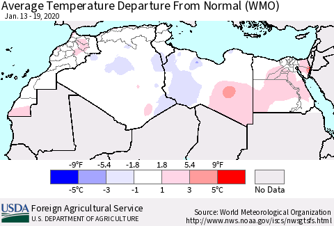 North Africa Average Temperature Departure from Normal (WMO) Thematic Map For 1/13/2020 - 1/19/2020