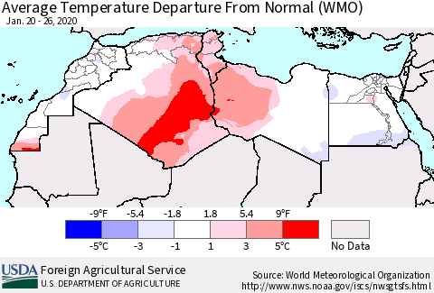 North Africa Average Temperature Departure from Normal (WMO) Thematic Map For 1/20/2020 - 1/26/2020