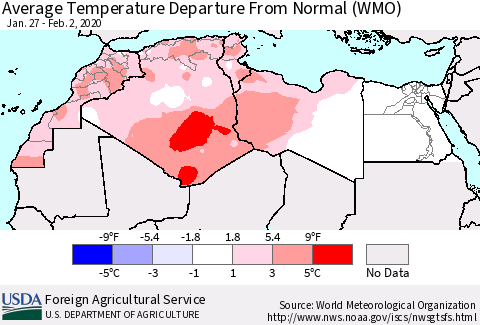 North Africa Average Temperature Departure from Normal (WMO) Thematic Map For 1/27/2020 - 2/2/2020