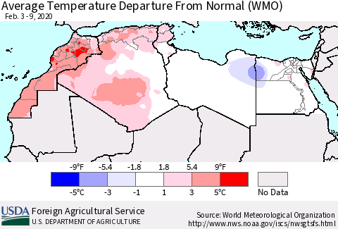 North Africa Average Temperature Departure from Normal (WMO) Thematic Map For 2/3/2020 - 2/9/2020