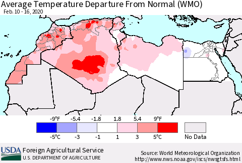North Africa Average Temperature Departure from Normal (WMO) Thematic Map For 2/10/2020 - 2/16/2020