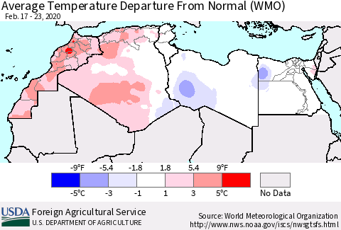 North Africa Average Temperature Departure from Normal (WMO) Thematic Map For 2/17/2020 - 2/23/2020