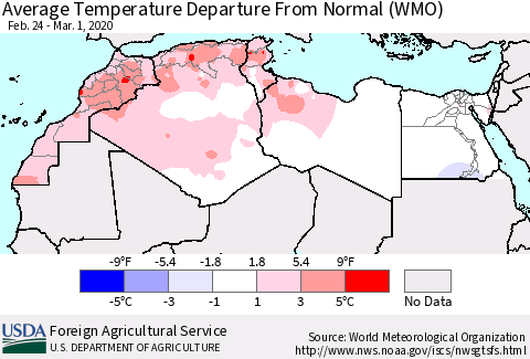 North Africa Average Temperature Departure from Normal (WMO) Thematic Map For 2/24/2020 - 3/1/2020