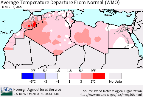 North Africa Average Temperature Departure from Normal (WMO) Thematic Map For 3/2/2020 - 3/8/2020