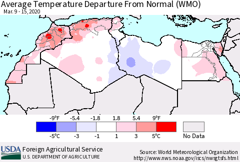 North Africa Average Temperature Departure from Normal (WMO) Thematic Map For 3/9/2020 - 3/15/2020