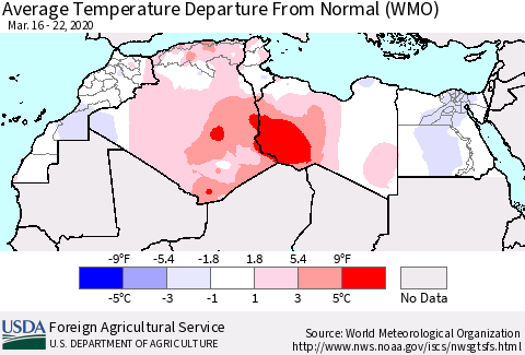 North Africa Average Temperature Departure from Normal (WMO) Thematic Map For 3/16/2020 - 3/22/2020