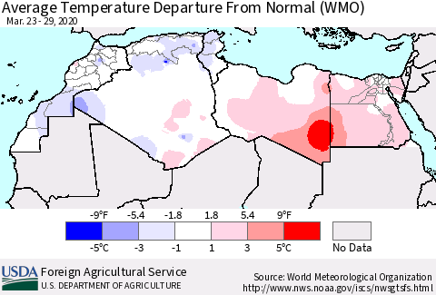 North Africa Average Temperature Departure from Normal (WMO) Thematic Map For 3/23/2020 - 3/29/2020