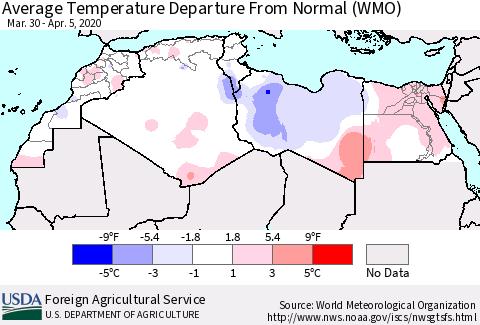 North Africa Average Temperature Departure from Normal (WMO) Thematic Map For 3/30/2020 - 4/5/2020