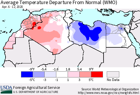 North Africa Average Temperature Departure from Normal (WMO) Thematic Map For 4/6/2020 - 4/12/2020