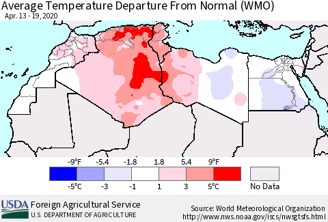 North Africa Average Temperature Departure from Normal (WMO) Thematic Map For 4/13/2020 - 4/19/2020