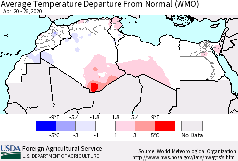 North Africa Average Temperature Departure from Normal (WMO) Thematic Map For 4/20/2020 - 4/26/2020