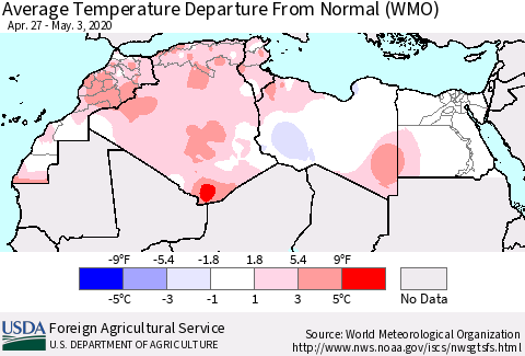 North Africa Average Temperature Departure from Normal (WMO) Thematic Map For 4/27/2020 - 5/3/2020