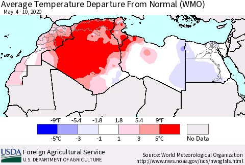 North Africa Average Temperature Departure from Normal (WMO) Thematic Map For 5/4/2020 - 5/10/2020