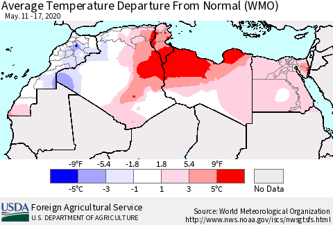 North Africa Average Temperature Departure from Normal (WMO) Thematic Map For 5/11/2020 - 5/17/2020