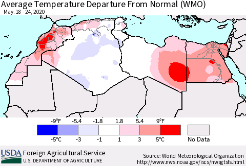 North Africa Average Temperature Departure from Normal (WMO) Thematic Map For 5/18/2020 - 5/24/2020