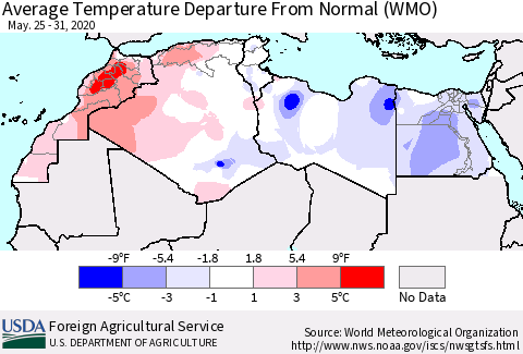 North Africa Average Temperature Departure from Normal (WMO) Thematic Map For 5/25/2020 - 5/31/2020