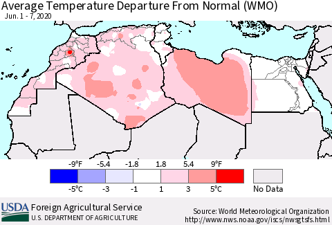 North Africa Average Temperature Departure from Normal (WMO) Thematic Map For 6/1/2020 - 6/7/2020