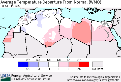North Africa Average Temperature Departure from Normal (WMO) Thematic Map For 6/8/2020 - 6/14/2020