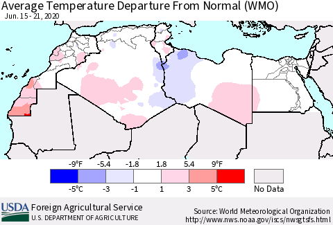North Africa Average Temperature Departure from Normal (WMO) Thematic Map For 6/15/2020 - 6/21/2020