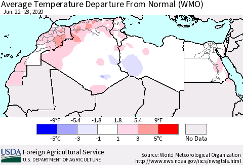 North Africa Average Temperature Departure from Normal (WMO) Thematic Map For 6/22/2020 - 6/28/2020