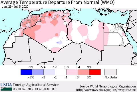 North Africa Average Temperature Departure from Normal (WMO) Thematic Map For 6/29/2020 - 7/5/2020