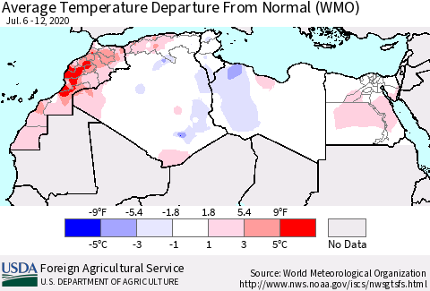 North Africa Average Temperature Departure from Normal (WMO) Thematic Map For 7/6/2020 - 7/12/2020