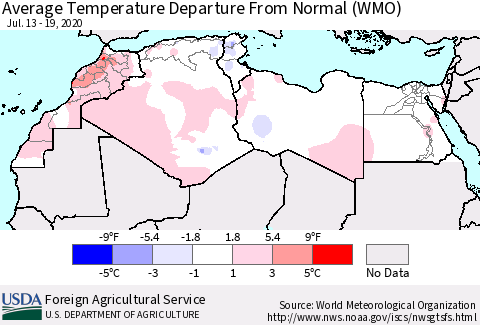 North Africa Average Temperature Departure from Normal (WMO) Thematic Map For 7/13/2020 - 7/19/2020