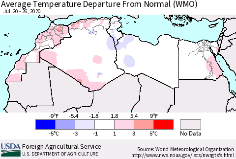 North Africa Average Temperature Departure from Normal (WMO) Thematic Map For 7/20/2020 - 7/26/2020