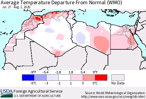 North Africa Average Temperature Departure from Normal (WMO) Thematic Map For 7/27/2020 - 8/2/2020