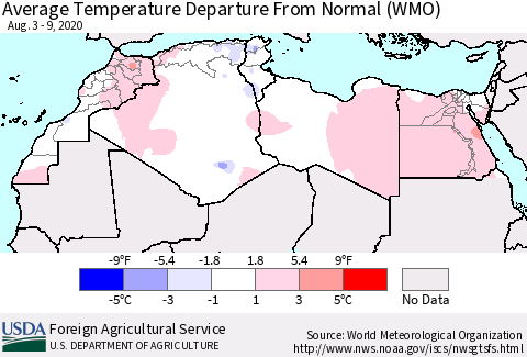 North Africa Average Temperature Departure from Normal (WMO) Thematic Map For 8/3/2020 - 8/9/2020