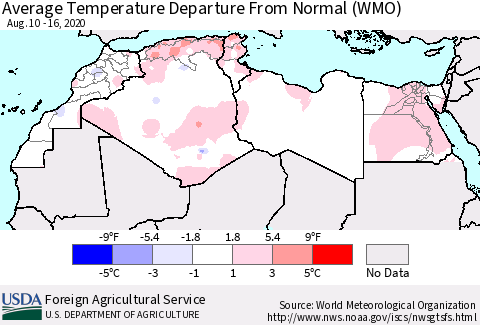 North Africa Average Temperature Departure from Normal (WMO) Thematic Map For 8/10/2020 - 8/16/2020