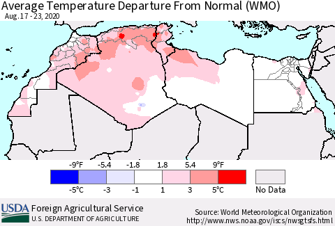 North Africa Average Temperature Departure from Normal (WMO) Thematic Map For 8/17/2020 - 8/23/2020