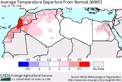 North Africa Average Temperature Departure from Normal (WMO) Thematic Map For 8/24/2020 - 8/30/2020