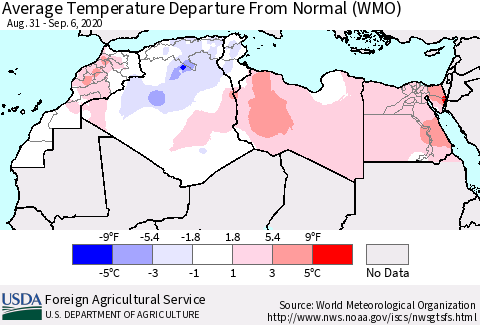 North Africa Average Temperature Departure from Normal (WMO) Thematic Map For 8/31/2020 - 9/6/2020
