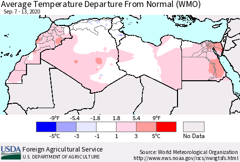 North Africa Average Temperature Departure from Normal (WMO) Thematic Map For 9/7/2020 - 9/13/2020