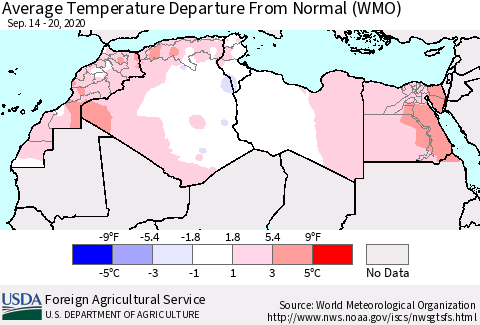 North Africa Average Temperature Departure from Normal (WMO) Thematic Map For 9/14/2020 - 9/20/2020