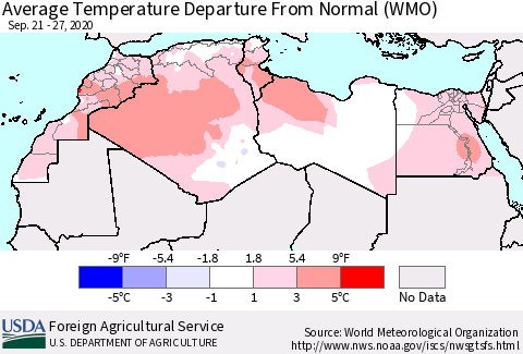 North Africa Average Temperature Departure from Normal (WMO) Thematic Map For 9/21/2020 - 9/27/2020