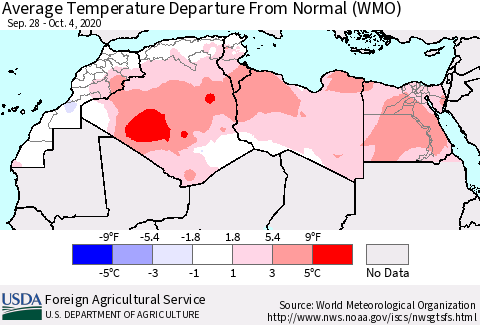 North Africa Average Temperature Departure from Normal (WMO) Thematic Map For 9/28/2020 - 10/4/2020