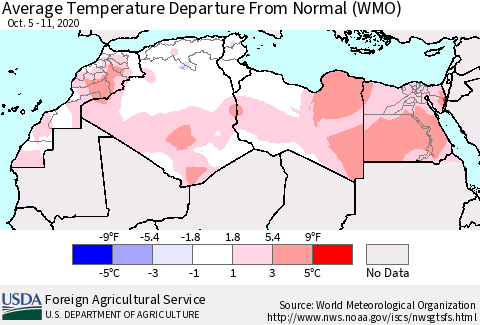 North Africa Average Temperature Departure from Normal (WMO) Thematic Map For 10/5/2020 - 10/11/2020