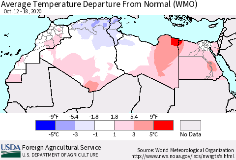 North Africa Average Temperature Departure from Normal (WMO) Thematic Map For 10/12/2020 - 10/18/2020