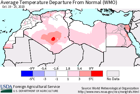 North Africa Average Temperature Departure from Normal (WMO) Thematic Map For 10/19/2020 - 10/25/2020