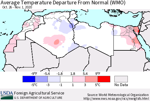 North Africa Average Temperature Departure from Normal (WMO) Thematic Map For 10/26/2020 - 11/1/2020