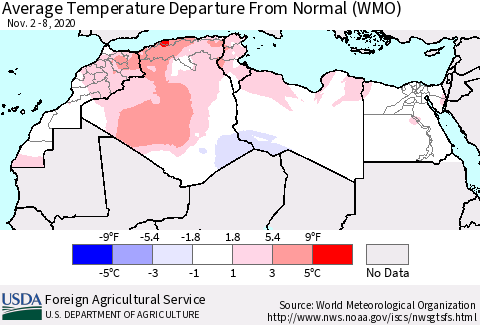 North Africa Average Temperature Departure from Normal (WMO) Thematic Map For 11/2/2020 - 11/8/2020