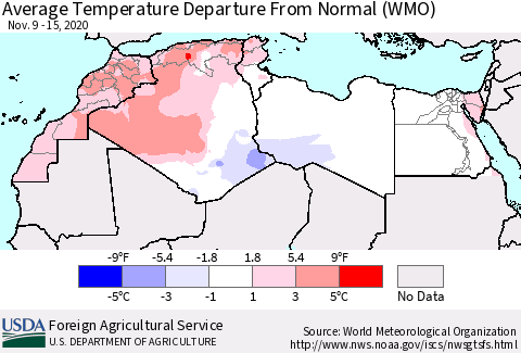 North Africa Average Temperature Departure from Normal (WMO) Thematic Map For 11/9/2020 - 11/15/2020